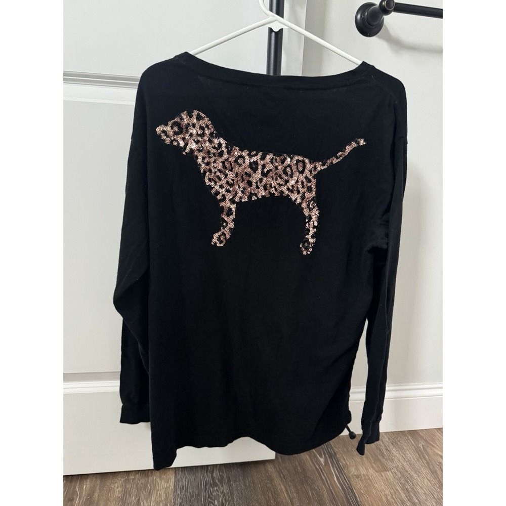 Victoria's Secret Pink Black Cheetah Bling Dog V Neck Top L Hardly Worn